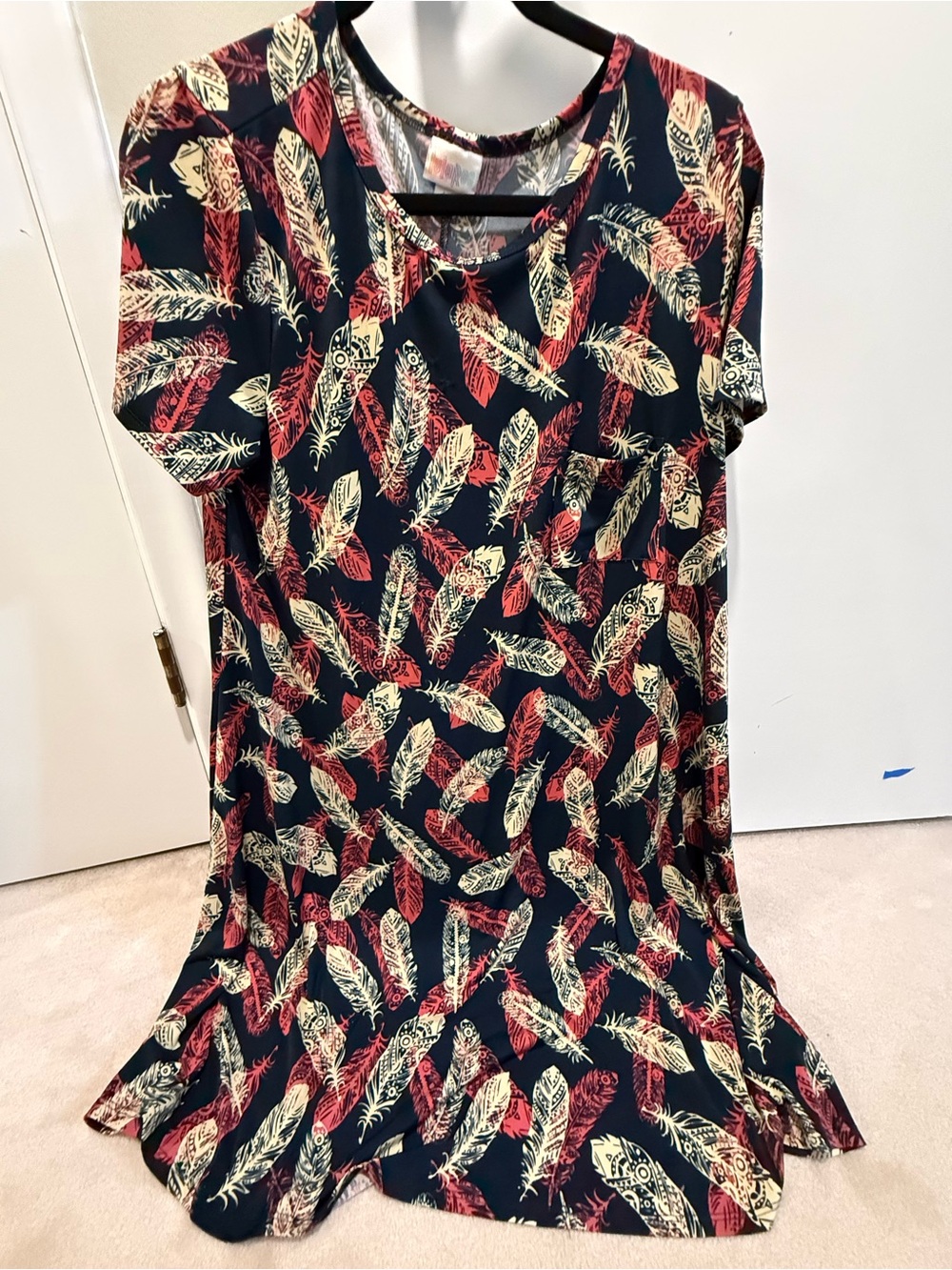 LuLaRoe Navy Dress with Red and Cream Feather Motif